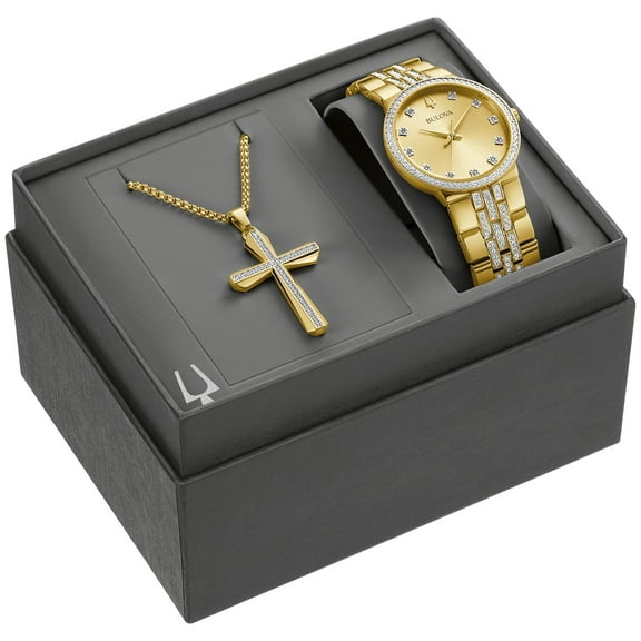 Bulova Men's Gold-Tone Crystal Watch and Cross Pendant Set - 98K113