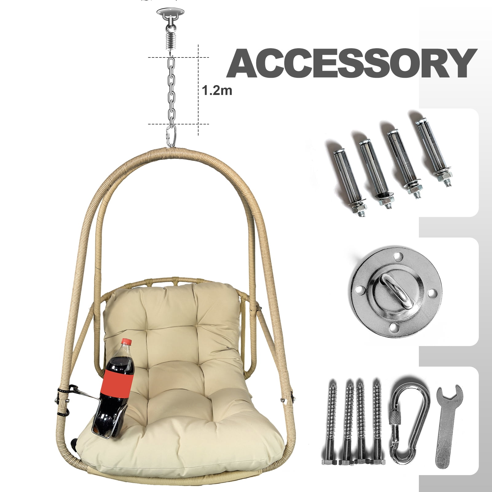 Swing Egg Chair No Stand, Wicker Rattan Hanging Chair with Cushion Pillow for Indoor Outdoor Patio Garden Balcony, Beige Brown