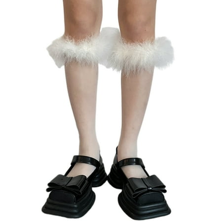 

Women Girls Lolita Silky Thin Knee High Socks Japanese Preppy Style Sweet Furry Faux Feather Trim Patchwork Solid Color Cosplay Calf Stockings