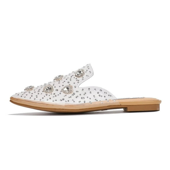Cape Robbin Closed Toe Sandals Women mules for woman Pointed Toe Flats For Women Pointed Toe Slip On Flats (Nude Rhinestone, 8.5)