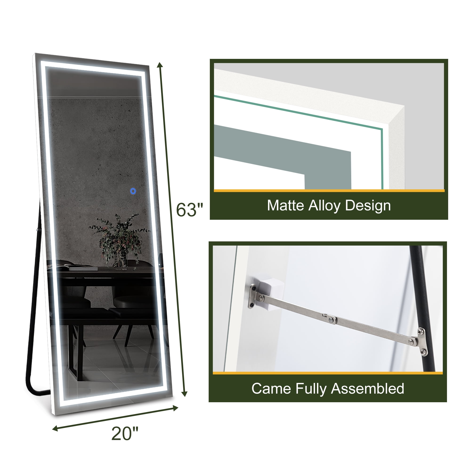 MAYEERTY 63"×20" White LED Aluminum Rectangular Full-Length Mirror Stable Stand for Bedroom