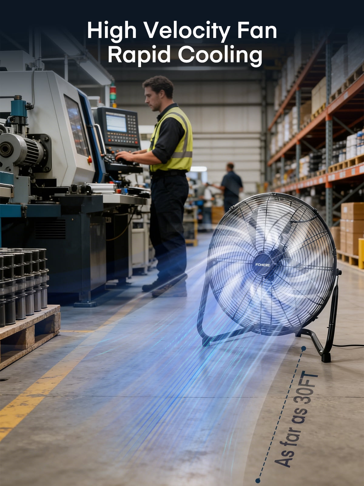 FOHERE 20" High Velocity Floor Fan, Heavy Duty Metal Cooling Fans with 3 Speeds, 360° Tilt Head, Etl Safety Listed, for Industrial, Commercial Space, Garage, Gym, Warehouse, Shop