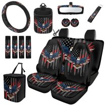 Jeiento Eagle Car Seat Cover Set 15 Piece USA Flag Steering Wheel Cover 4Th of July Seat Belt Strap Pads Garbage Organizer Air Vent Bag Rearview Mirror Cover Coasters Hand Wrist Lanyard Keyring