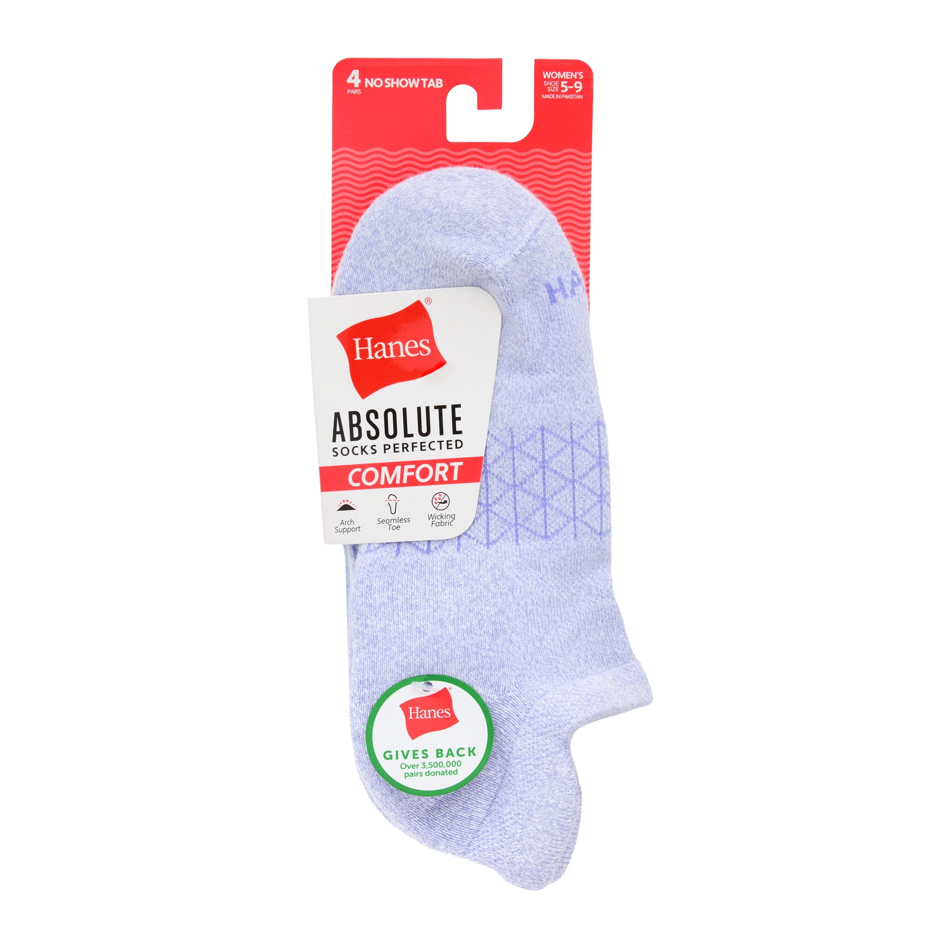 Hanes Womens Absolute Comfort No-Show Socks w/ Heel Shield, 4-Pack, Size 5-9