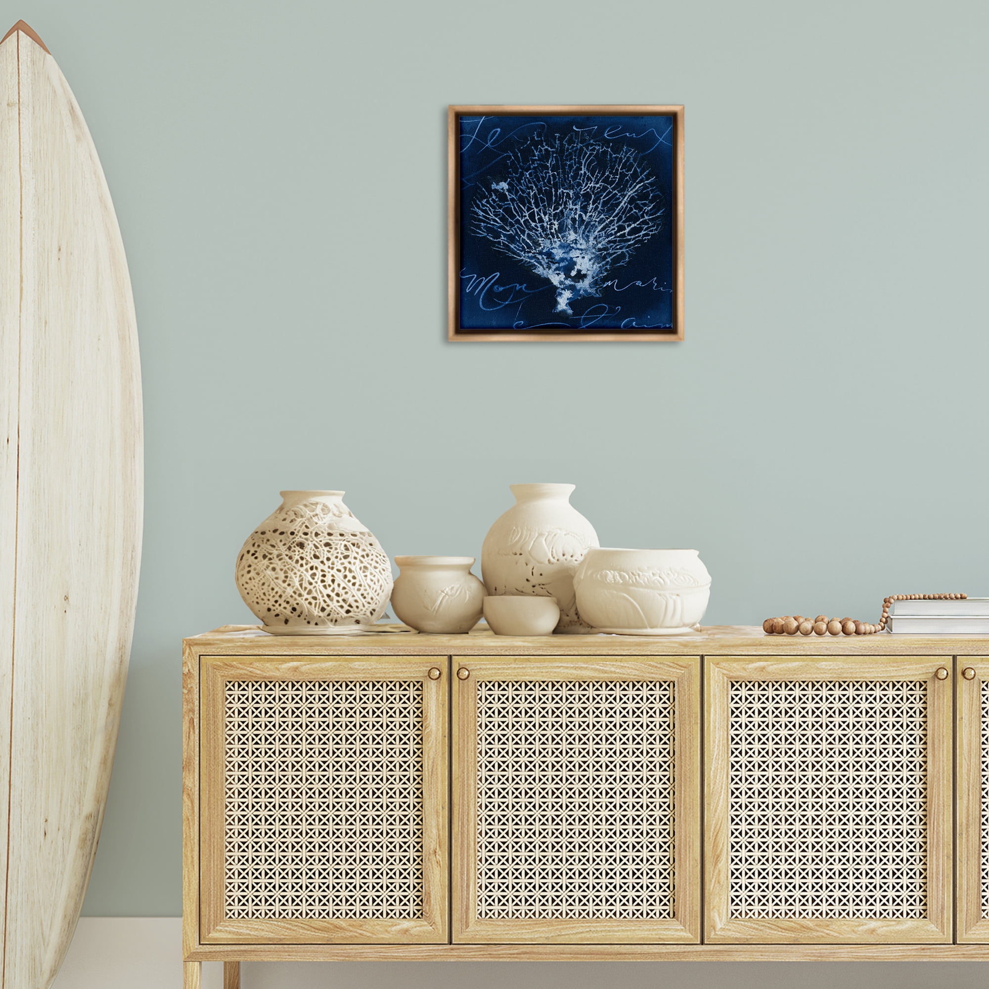 Stupell Industries Vintage Marine Life Coastal Painting Brown Floater Framed Canvas Art Print Wall Art, 18 x 18
