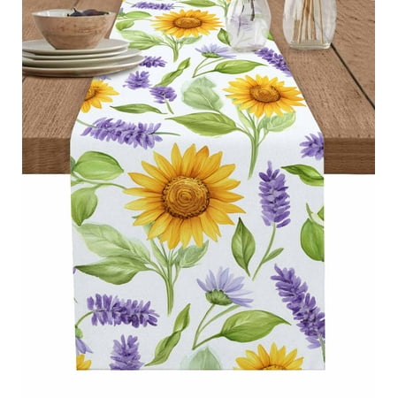 

Table Runner Dresser Scarf 14 x 72 Inch Spring Sunflower Lavender Leaf Floral Table Runners Non-Slip Heat Kitchen Dining Table Decor for Indoor Outdoor Home Party Decoration