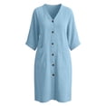 thumbnail image 7 of Zynoxe Womens Cotton Linen Dresses Summer V-neck 3/4 length sleeve Button Down Midi Dresses Lounge Peasant Gauze Business Work Dresses with Pockets Light Blue S, 7 of 7