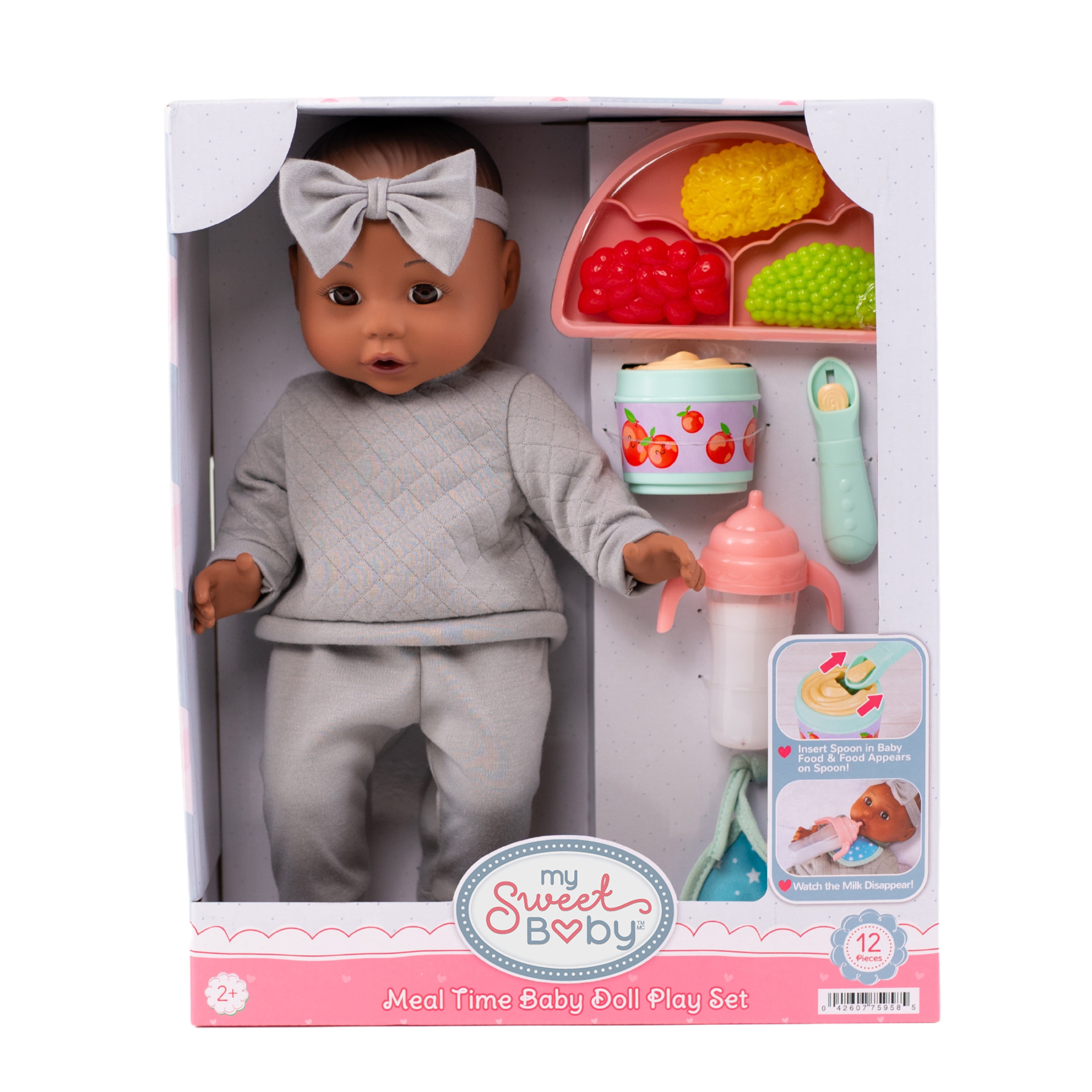 My Sweet Baby Meal Time Baby Doll Play Set, Grey Outfit, 14-inch Doll, 12 Pieces Included