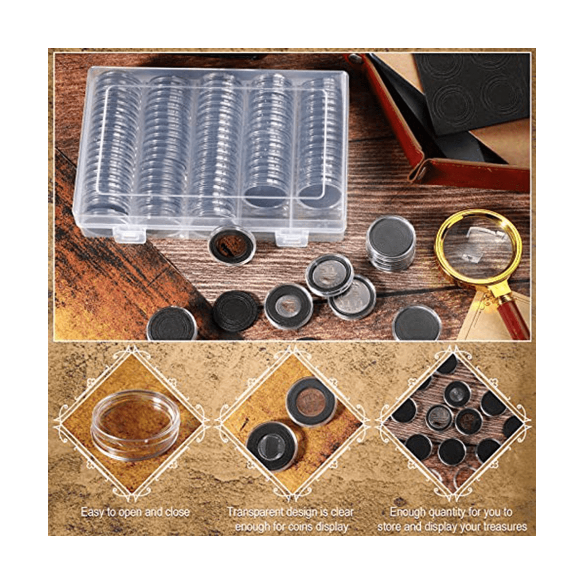 MUODR 180 Pieces Coin Holders for Collectors, 30mm Coin Capsule with 5 Size  Gasket,Coin Storage Case,Coin Collection Supplies For