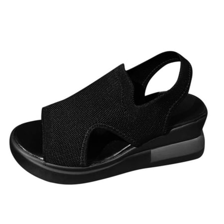 

Cathalem Ladies Fashion Summer Solid Color Breathable Knitted Mesh Thick Wedge Heel Sandals Black 39
