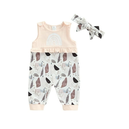 

jaweiw Newborn Girl Romper Outfits Sleeveless Rainbow Printed Ruffles Decor Patchwork Jumpsuit + Cute Headband Set 3-18M