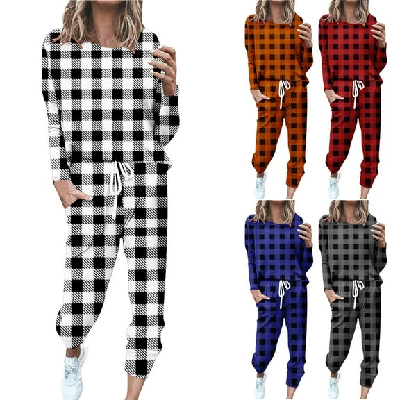 Swuxness Women Long Sleeve Sweatshirt Two Piece Set, Women Sweatsuits, Women's Print Crew Neck Top Home Sport Comfortable Soft Yoga Outfit Sets Blue, XL