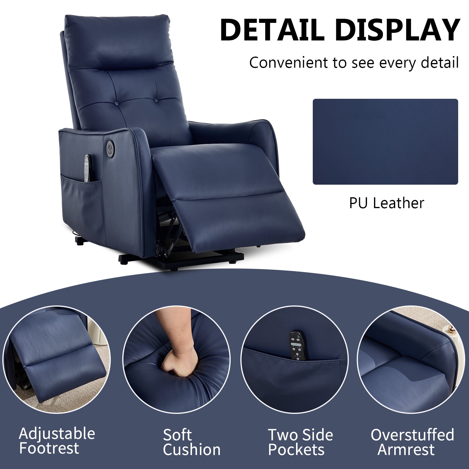 BSHTI Power Lift Recliner Chair with Massage and Heat, Single Motor 155° Recline, USB Charging Port, PU Leather, Easy Assembly, Blue