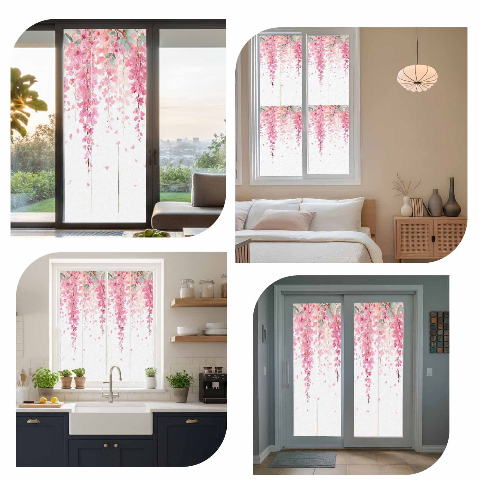 Spring Floral Window Privacy Film, Watercolor Pink Flowers Modern Rustic Farmhouse Frosted Glass Window Clings Static Cling UV Heat Blocking Reusable Door Sticker for Bathroom 23.6 x 59 Inch