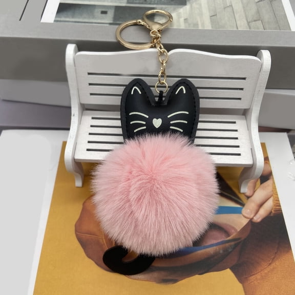 PU Cat Keychain with Fluffy Pom Pom - Adorable Cartoon Animal Keychain Pendant, Cute Lightweight Key Ring for Cat Lovers | Decorative Gift for Keys, Bags & Zippers(Pink)