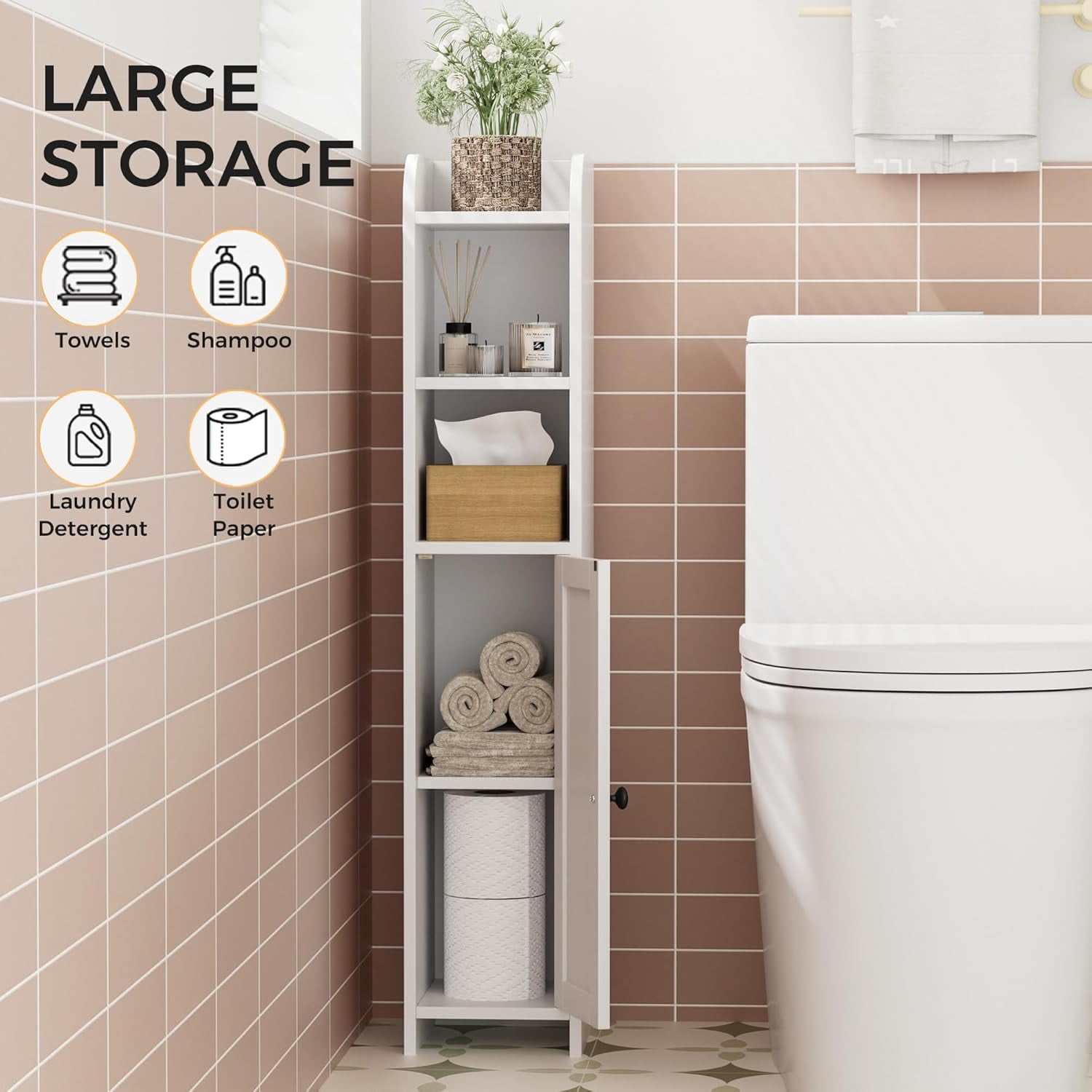 Small Bathroom Storage Corner Floor Cabinet with Door and Shelves, Beside The Toilet Paper Stand for Skinny, Narrow Toilet Paper Cabinet, 7.9" D x 7.1" W x 35.4" H, White