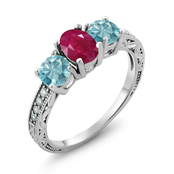 Gem Stone King 2.82 Ct Oval Red Ruby Blue Zircon 925 Sterling Silver Moissanite Ring (Size 7)