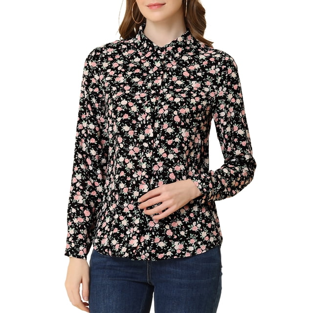 INSPIRE CHIC Women's Button Down Shirt Ditsy Floral Long Sleeve Point Collar Office Top S Black-Pink Floral