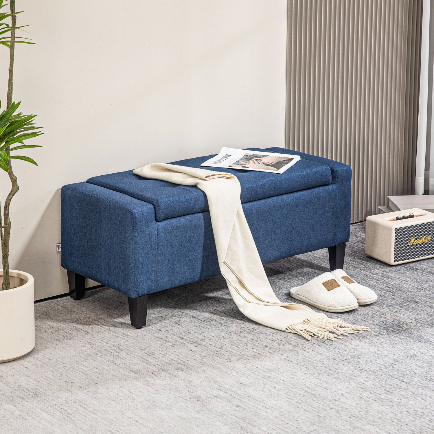 Versatile Storage Ottoman, Linen Fabric Footrest for Living Room, Blue