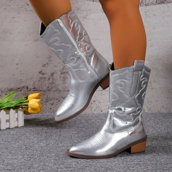 2024 Women‘s Cowboy Boots Embroidered Pointed Toe Thick Heel Ankle Western Boots Silver Tassel Cowgirl Women‘s Boots Zapatos