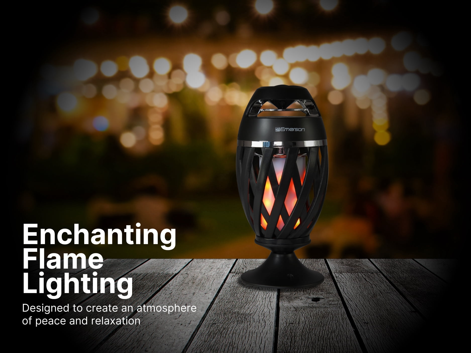 Emerson EAS-4000 Outdoor Flame Lamp with Bluetooth Speaker – Wireless Portable Speaker with Flickering Flame Light, Built-in Rechargeable Battery, and 360° Sound for Patio, Yard, Camping, and Parties