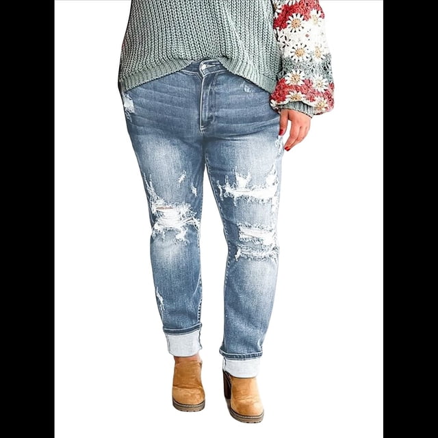 Pantalones Vaqueros Boyfriend de Tiro Medio Rotos para Mujer, Holgados, Elásticos y Desgastados Azul L