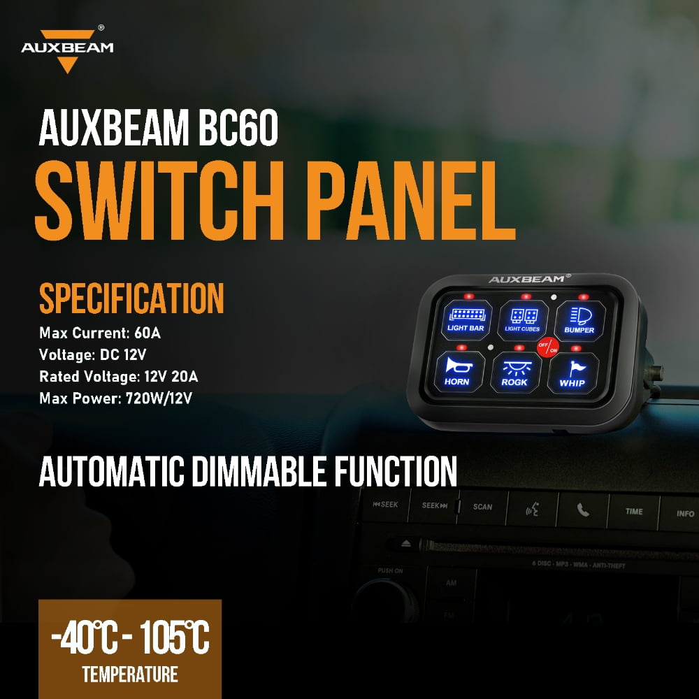 Auxbeam QP006237 BC60 6 Gang LED Switch Panel, Off Road Light Controller (Blue)