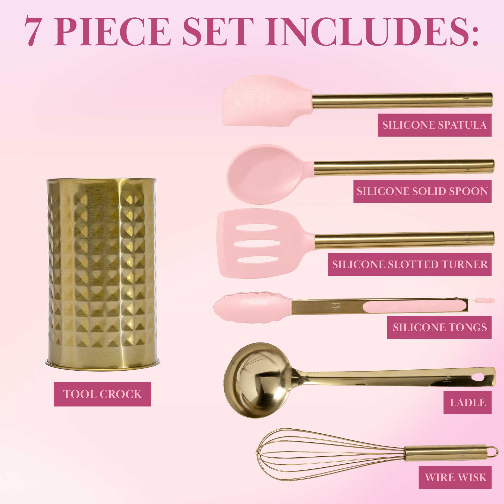 Paris Hilton 7-Piece Cooking Utensils Set, Silicone and Stainless Steel,  Pink 