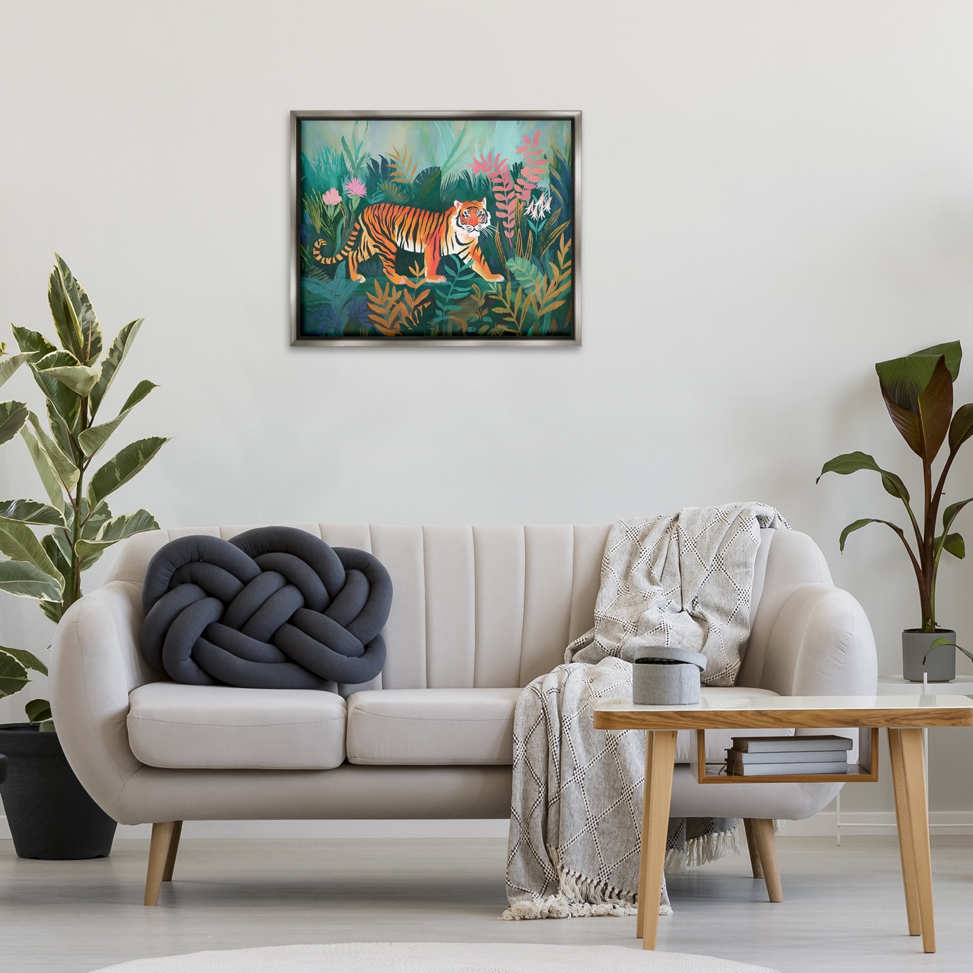 Stupell Industries Tiger in Jungle Leaves Animals & Insects Painting Gray Floater Framed Canvas Art Print Wall Art, 31 x 25