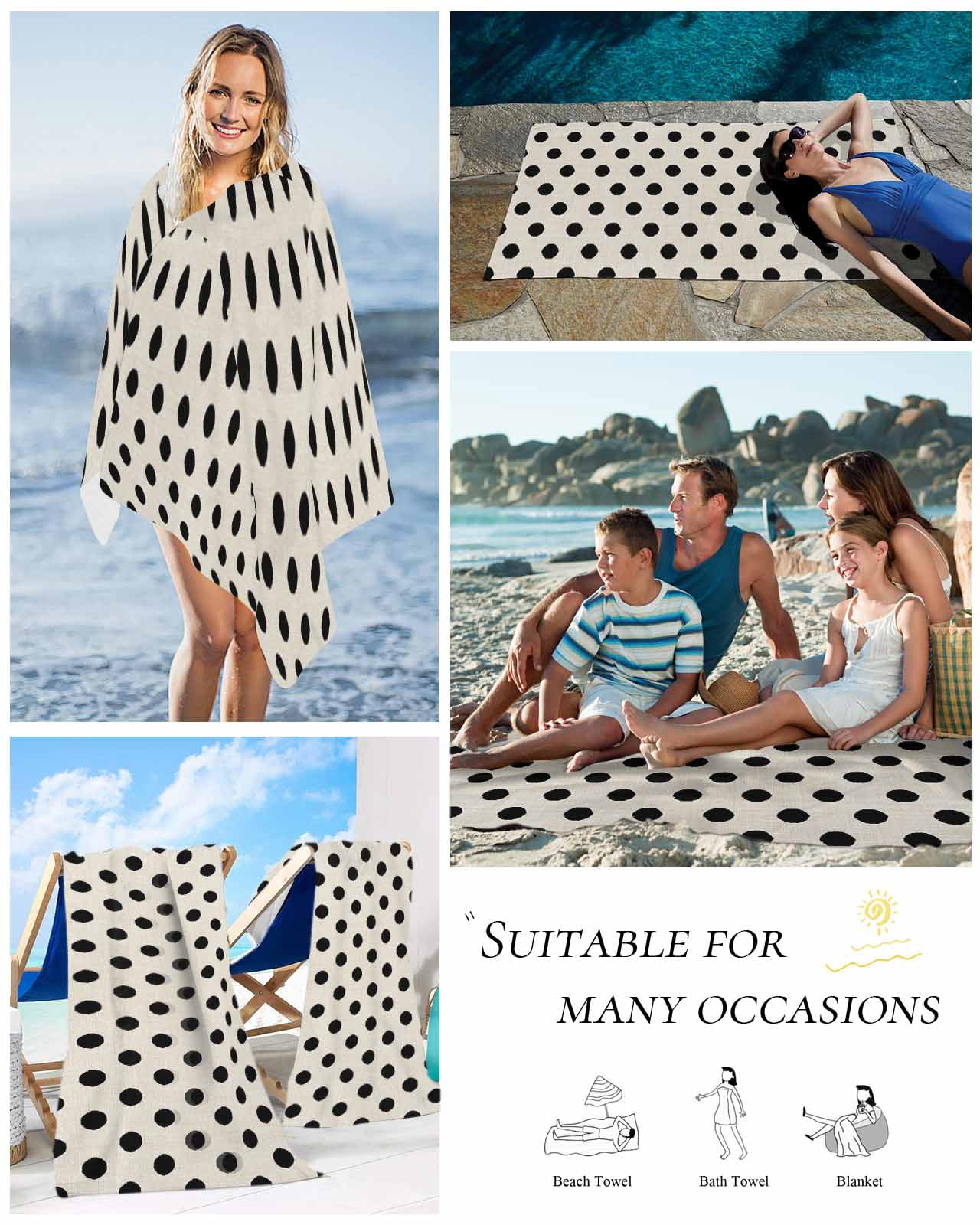 Wave Point Black Beach Towels Oversized Super Absorbent, Modern Minimalist Geometric on Linen Lightweight Bath Towel Quick Dry Sets For Bathroom/Pool/Rv Camping/Beach Play/Gym Room/Picnic 30"x60"