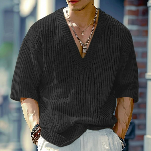 pstuiky camiseta de hombre, Camisas casuales de manga corta con cuello en V y elasticidad de color liso para hombre ropa de hombre s