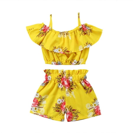 Toddler Kids Baby Girl Floral Halter Ruffled Outfits Clothes Tops+Shorts 2PCS (Best Value Baby Clothes)