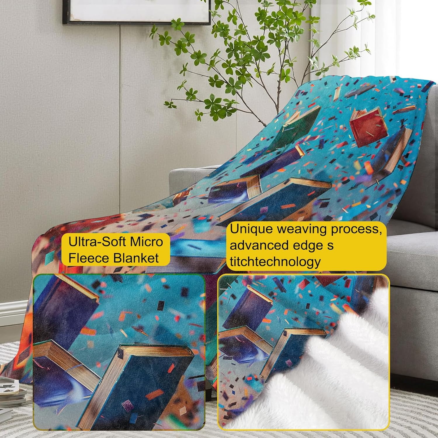 Book Blanket,Reading Flannel Throw Blankets,Soft Warm Lightweight Cozy Plush Throws for Bedroom Sofa Home Decor Graduation Gifts for Book Lovers Women Girls 50"x40"