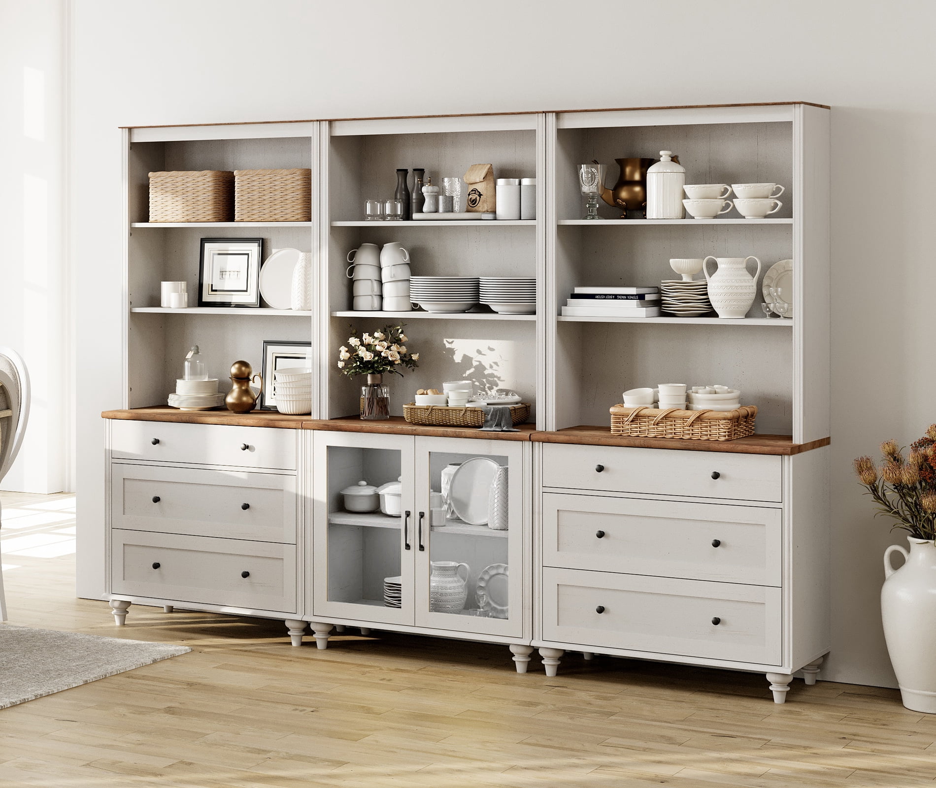 Farmhouse White Sideboard Credenza 72" Tall with 5-Tier Storage, Adjustable Shelves, 6 Drawers & Glass Door Cabinet for Living Room & Study