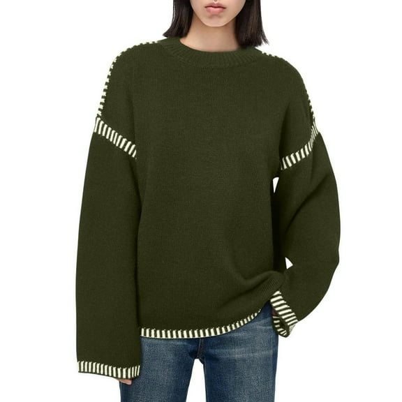 Qetyuw Ribbed Knit Sweater for Women Striped Long Sleeve Crew Neck Pullover Jumper Chunky Oversized Casual Sweaters
