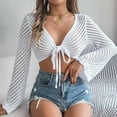 thumbnail image 4 of STETMN Women's Crochet Cardigan Casual Bell Long Sleeve Crop Tops Tie Front Beach Hollow Out Shrug Shirt, 4 of 7