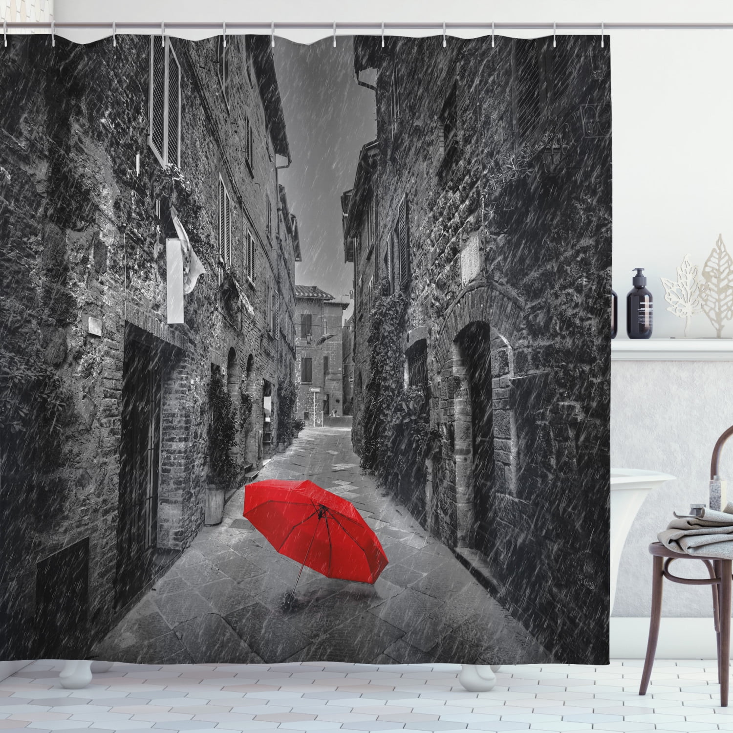 Paris Red Umbrella in Rain Eiffel Tower Bathroom Fabric Shower Curtain Set 71" 