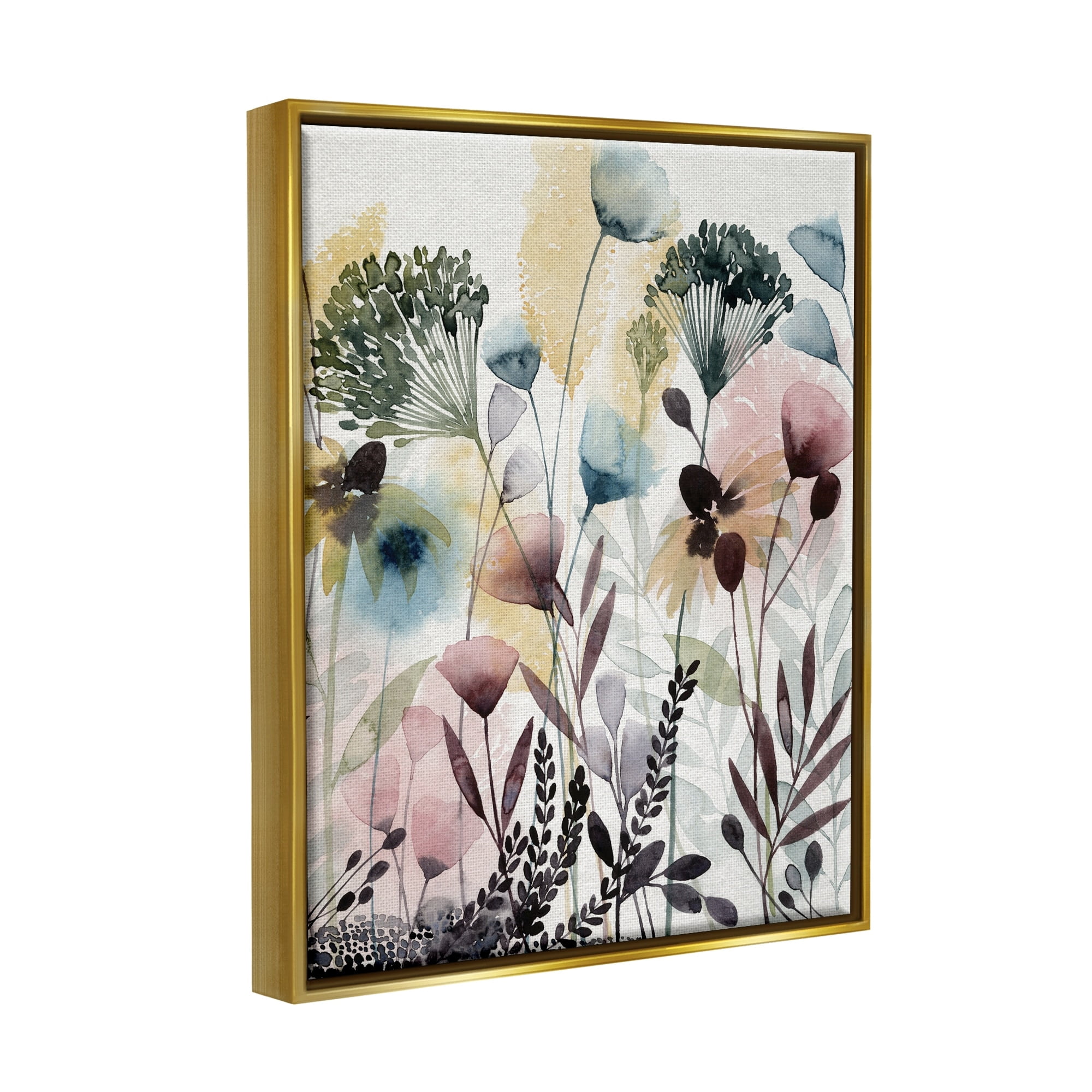 Stupell Industries Wild Florals Opaque Layers Soft Watercolor Pink Blue Metallic Gold Framed Floating Canvas Wall Art, 24x30, by Grace Popp