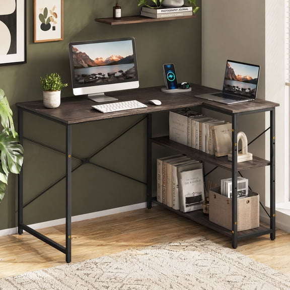 48 inch L Shaped Desk with Storage Shelves & Power Outlet, Reversible Computer Desk for Home Office, Gaming & Writing, Gray