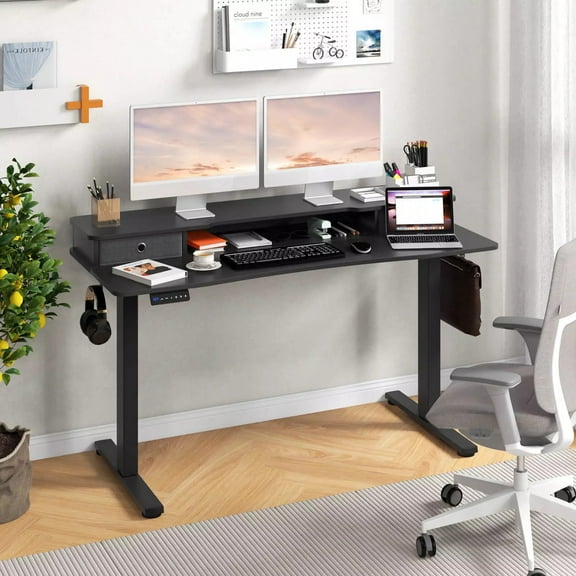 Auranook 55" x 24" Standing Desk with Drawers, Electric Stand-up Desk with Monitor Stand, 2 Drawers, Side Hooks, 3 Memory Heights, Anti-collision Design