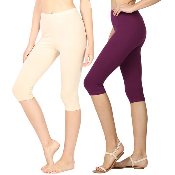 Women & Plus (S-3X) Essential Basic Cotton Spandex Stretch Below Knee Length Capri Leggings (Single & Multi Packs Available)