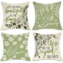 Hello Spring Green Decorative Throw Pillow Covers 18 x 18 Set of 4, Bloom Daisy Flower Leaves Porch Patio Outdoor Pillowcase, Floral Seasonal Sofa Couch Cushion Case Home Decor