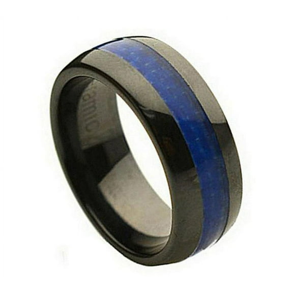 8mm Ceramic Domed Black with Blue Carbon Fiber Inlay Wedding Band Ring For Men and Ladies