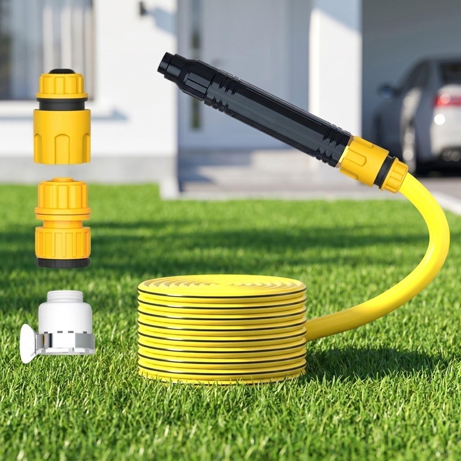 High Pressure Hose Nozzle with 3 Adapters, Adjustable Water Spray Gun for Car Washing, Gardening and Pet Shower,Washer with Multiple Spray Patterns & Garden Hose Pipe Set (Washer+Adapter+15M Pipe)