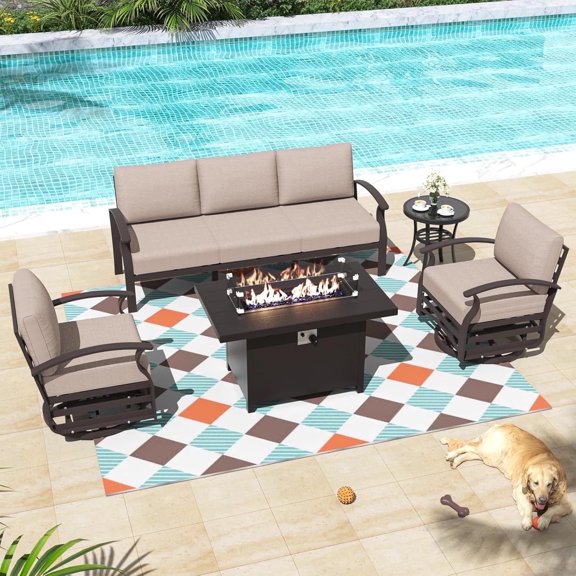 ALAULM Aluminum Patio Furniture Set with Propane Fire Pit Table 5-seat Metal Outdoor Furniture w/Fire Pit Patio Sectional Sofas w/5.1" Cushions for Patio, Backyard, Poolside-Black