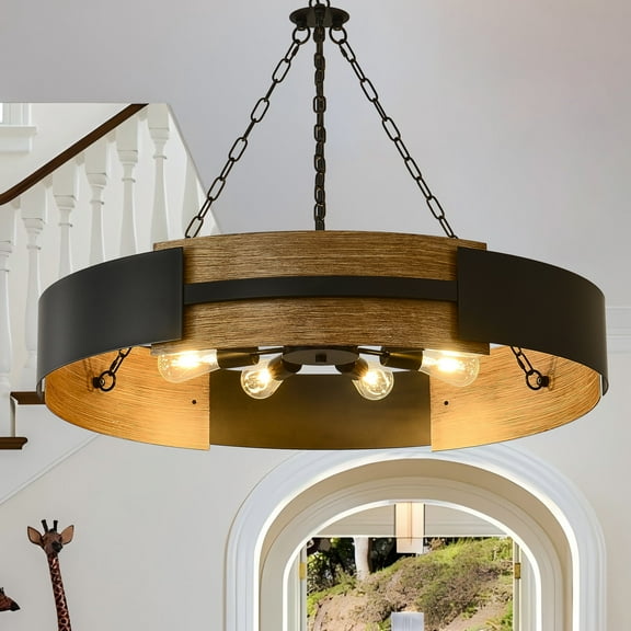 Large Farmhouse Drum Chandelier, 8-Light Statement Pendant with Walnut Wood Grain & Metal, 35" Wide, Dimmable for Dining Room, Foyer, Living Room