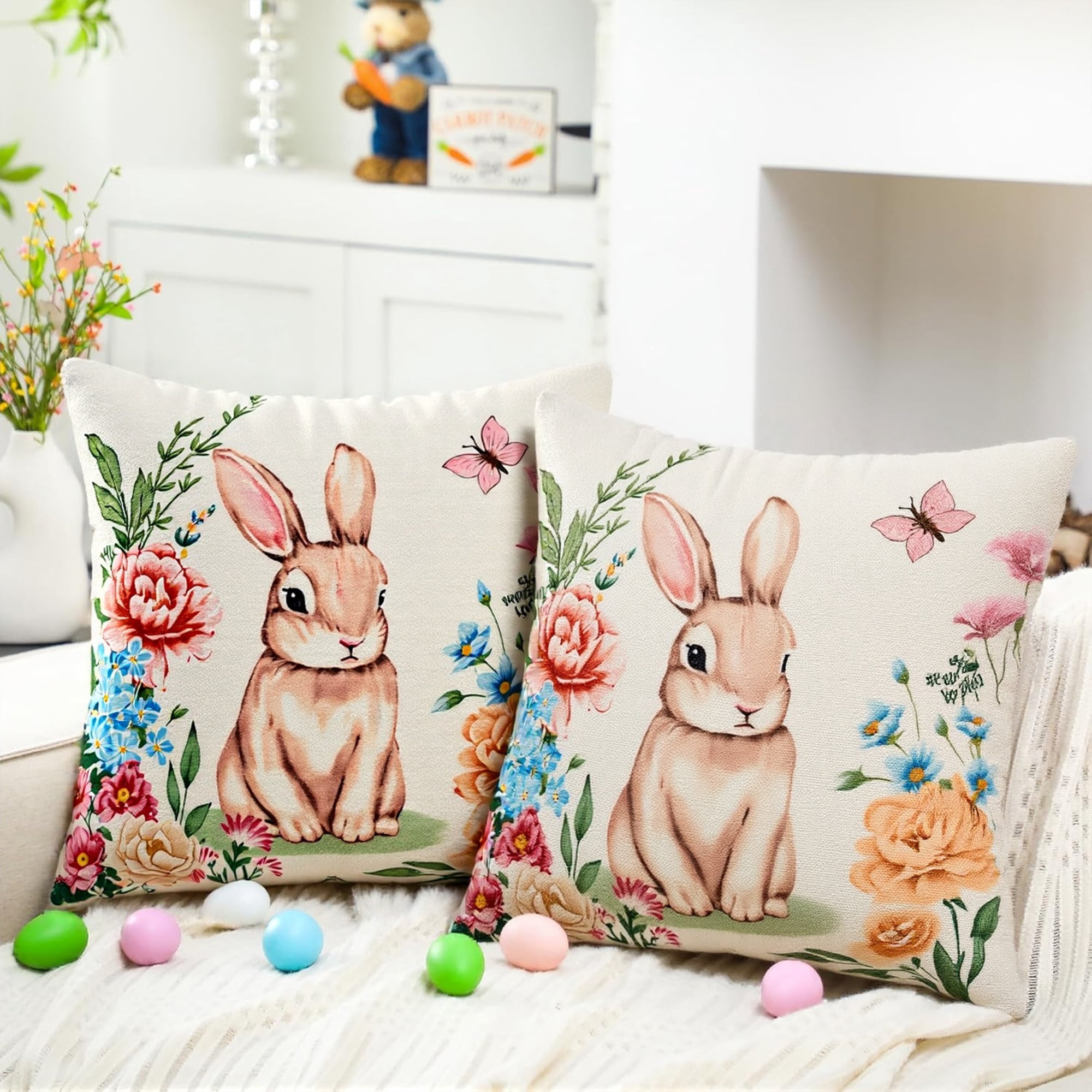 Unique Bargains Happy Easter Rabbit Throw Pillow Covers Set of 2 Flower Pattern 5