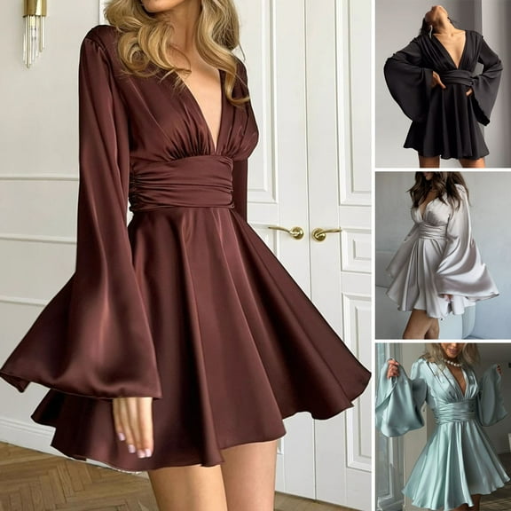tasrioml Women's Satin Mini Dress Flared Long Sleeve Deep V-Neck Short Dress A-line High Waisted Flowy Dress for Club Cocktail Party