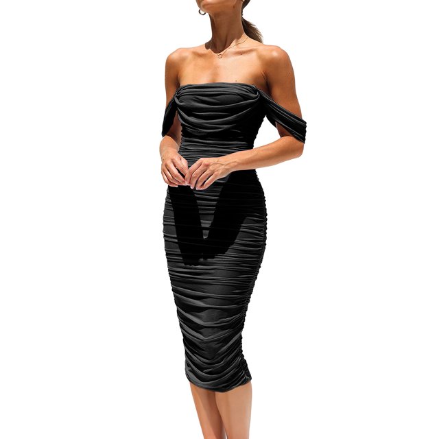 Wangscanis Robe Moulante pour Femme, Robe Sans Manches à Épaules Dénudées Froncée, Robe Midi d'Été pour Fête
