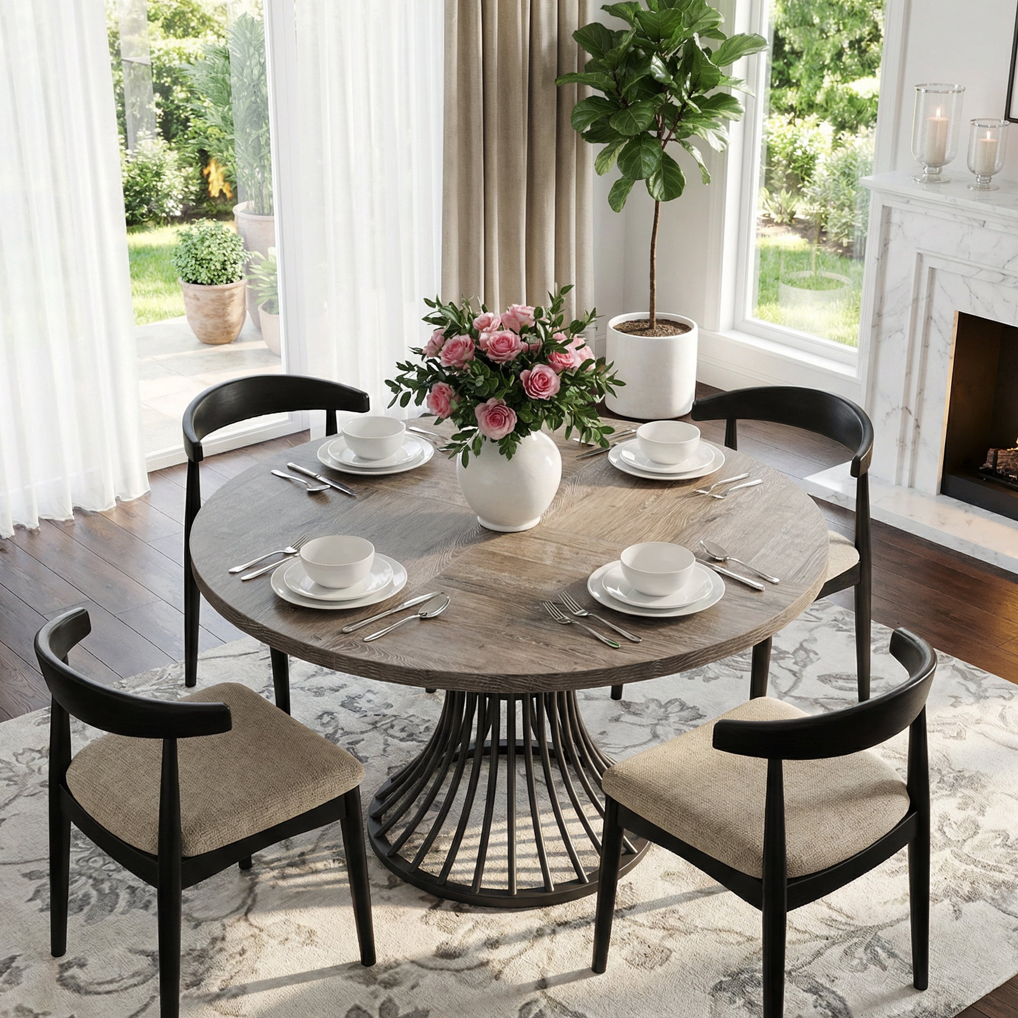 MAYEERTY 47 Inch Round Farmhouse Dining Table, Hourglass Shaped Metal Base Kitchen Dinner Table for 4 to 6 People